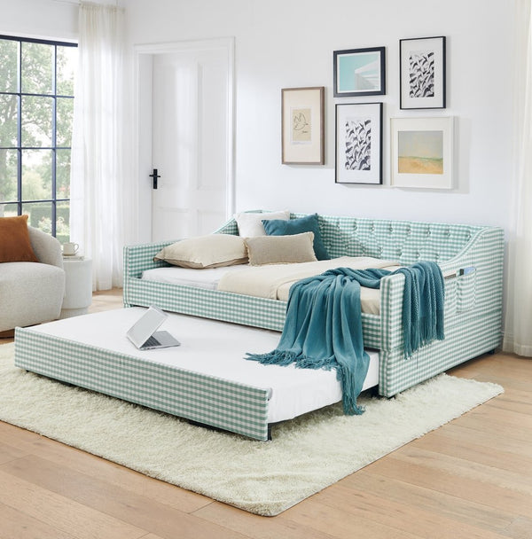 English Elm Full‑size Convertible Daybed Sofa with Pull-out Trundle Pockets and Polyester Upholstery Tufted Button Cyan W487S00568