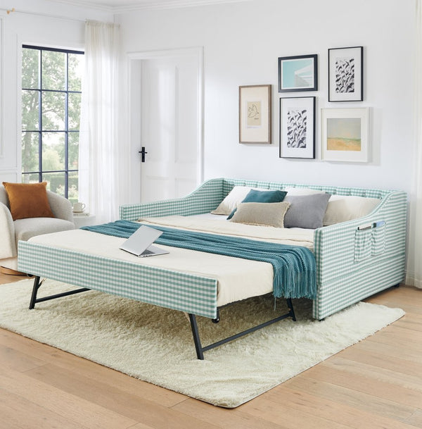 English Elm Full‑size Convertible Daybed Sofa with Pull-out Trundle Pockets and Polyester Upholstery Tufted Button Cyan W487S00568