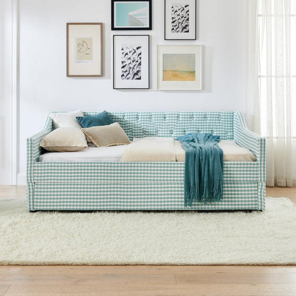 English Elm Full‑size Convertible Daybed Sofa with Pull-out Trundle Pockets and Polyester Upholstery Tufted Button Cyan W487S00568
