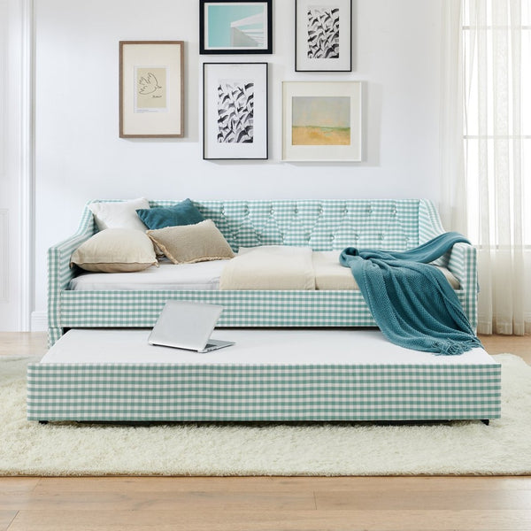 English Elm Full‑size Convertible Daybed Sofa with Pull-out Trundle Pockets and Polyester Upholstery Tufted Button Cyan W487S00568