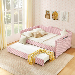 English Elm Full‑size Gingham Upholstered Daybed with Pull-out Trundle and Side Storage Pocket Pink W487S00569