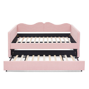 English Elm Full‑size Gingham Upholstered Daybed with Pull-out Trundle and Side Storage Pocket Pink W487S00569