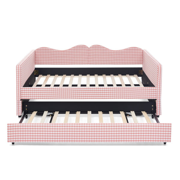 English Elm Full‑size Gingham Upholstered Daybed with Pull-out Trundle and Side Storage Pocket Pink W487S00569
