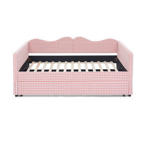 English Elm Full‑size Gingham Upholstered Daybed with Pull-out Trundle and Side Storage Pocket Pink W487S00569