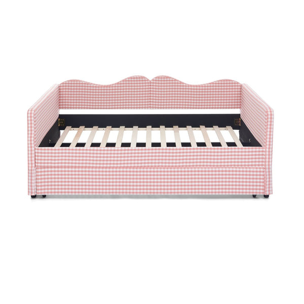 English Elm Full‑size Gingham Upholstered Daybed with Pull-out Trundle and Side Storage Pocket Pink W487S00569