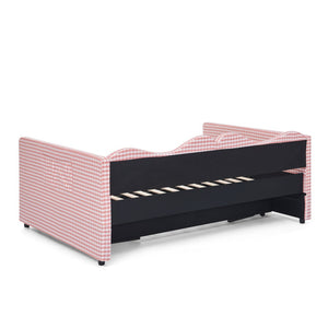 English Elm Full‑size Gingham Upholstered Daybed with Pull-out Trundle and Side Storage Pocket Pink W487S00569