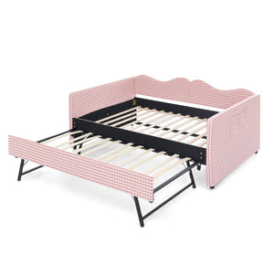 English Elm Full‑size Gingham Upholstered Daybed with Pull-out Trundle and Side Storage Pocket Pink W487S00569