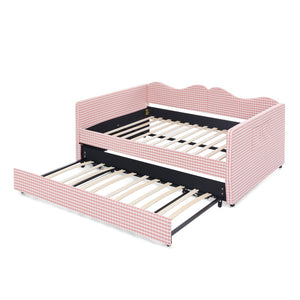English Elm Full‑size Gingham Upholstered Daybed with Pull-out Trundle and Side Storage Pocket Pink W487S00569