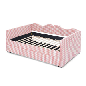 English Elm Full‑size Gingham Upholstered Daybed with Pull-out Trundle and Side Storage Pocket Pink W487S00569
