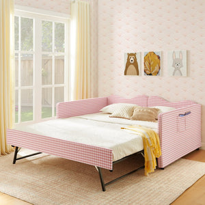 English Elm Full‑size Gingham Upholstered Daybed with Pull-out Trundle and Side Storage Pocket Pink W487S00569