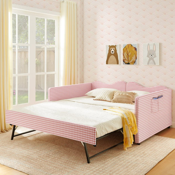English Elm Full‑size Gingham Upholstered Daybed with Pull-out Trundle and Side Storage Pocket Pink W487S00569