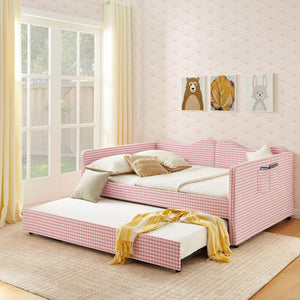 English Elm Full‑size Gingham Upholstered Daybed with Pull-out Trundle and Side Storage Pocket Pink W487S00569