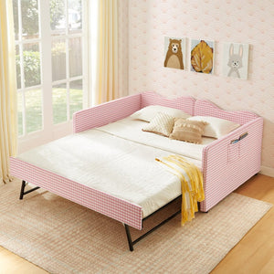 English Elm Full‑size Gingham Upholstered Daybed with Pull-out Trundle and Side Storage Pocket Pink W487S00569