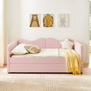 English Elm Full‑size Gingham Upholstered Daybed with Pull-out Trundle and Side Storage Pocket Pink W487S00569