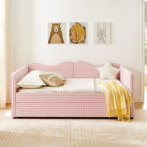 English Elm Full‑size Gingham Upholstered Daybed with Pull-out Trundle and Side Storage Pocket Pink W487S00569