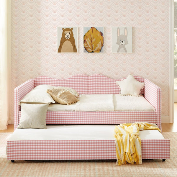 English Elm Full‑size Gingham Upholstered Daybed with Pull-out Trundle and Side Storage Pocket Pink W487S00569