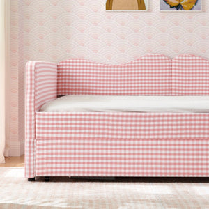 English Elm Full‑size Gingham Upholstered Daybed with Pull-out Trundle and Side Storage Pocket Pink W487S00569
