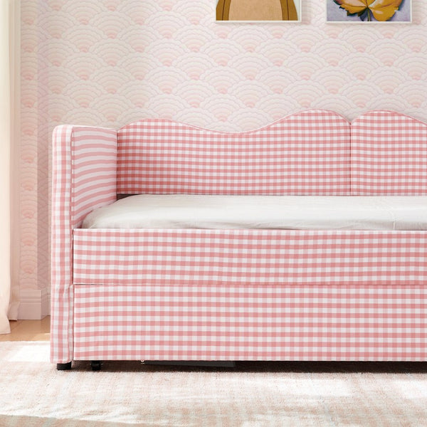 English Elm Full‑size Gingham Upholstered Daybed with Pull-out Trundle and Side Storage Pocket Pink W487S00569