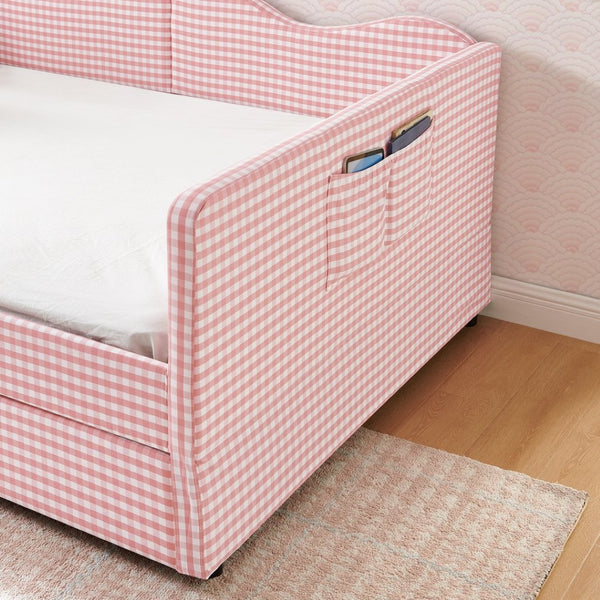 English Elm Full‑size Gingham Upholstered Daybed with Pull-out Trundle and Side Storage Pocket Pink W487S00569