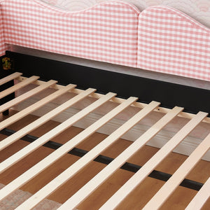 English Elm Full‑size Gingham Upholstered Daybed with Pull-out Trundle and Side Storage Pocket Pink W487S00569