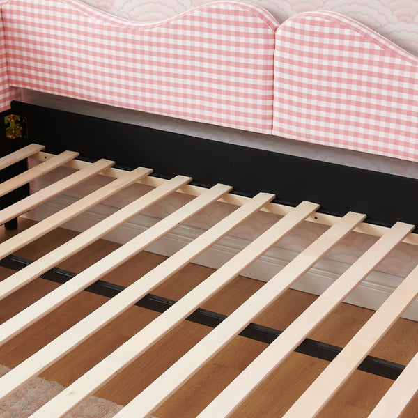 English Elm Full‑size Gingham Upholstered Daybed with Pull-out Trundle and Side Storage Pocket Pink W487S00569