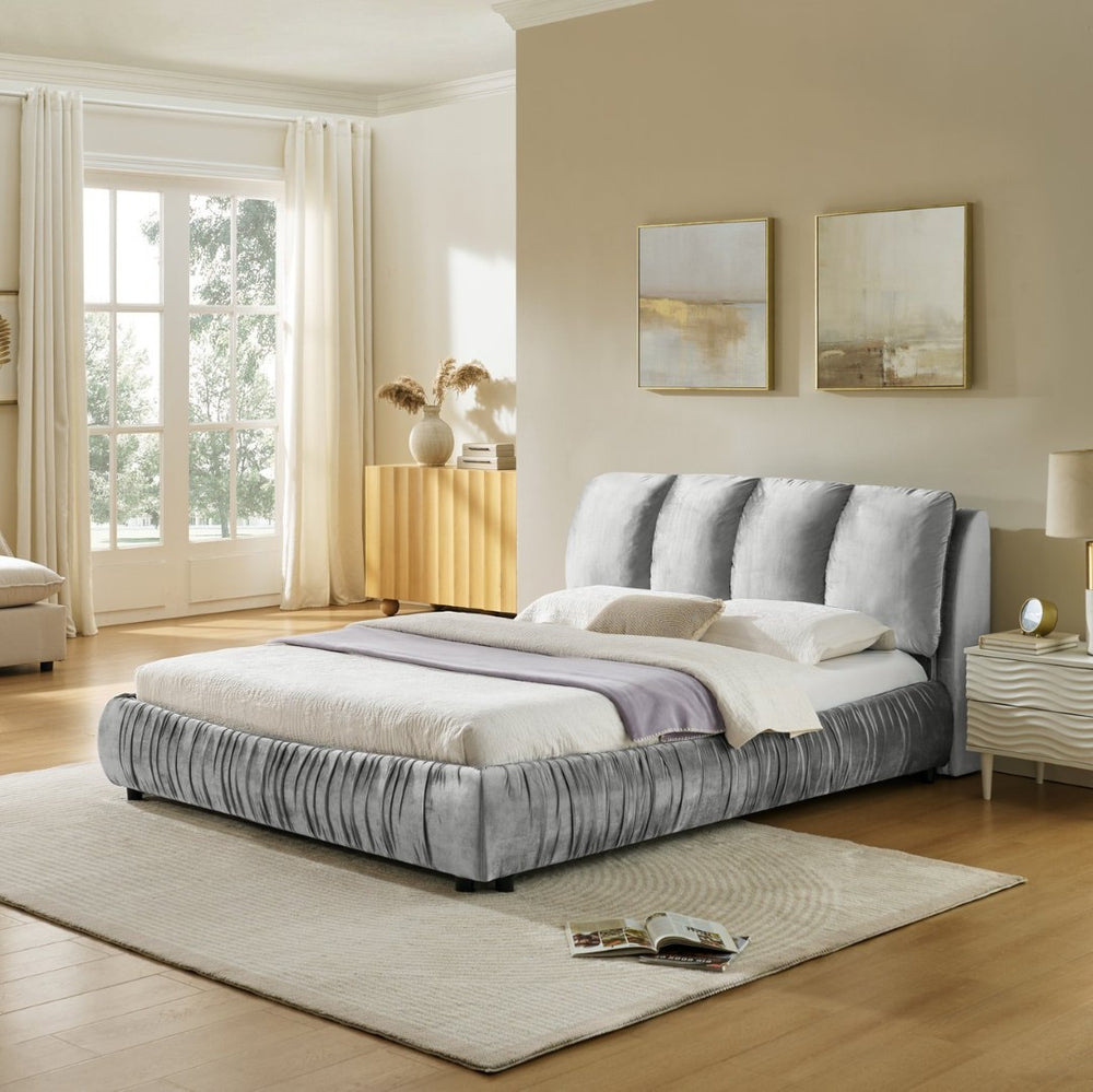 English Elm Queen Upholstered Platform Bed Segmented Velvet Headboard Modern Minimalist Bedroom Frame Gray W487S00570