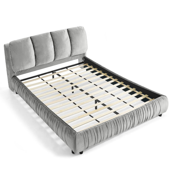 English Elm Queen Upholstered Platform Bed Segmented Velvet Headboard Modern Minimalist Bedroom Frame Gray W487S00570