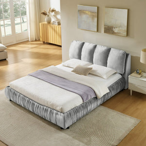 English Elm Queen Upholstered Platform Bed Segmented Velvet Headboard Modern Minimalist Bedroom Frame Gray W487S00570