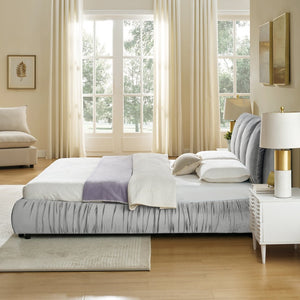 English Elm Queen Upholstered Platform Bed Segmented Velvet Headboard Modern Minimalist Bedroom Frame Gray W487S00570
