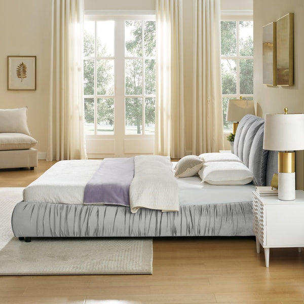 English Elm Queen Upholstered Platform Bed Segmented Velvet Headboard Modern Minimalist Bedroom Frame Gray W487S00570