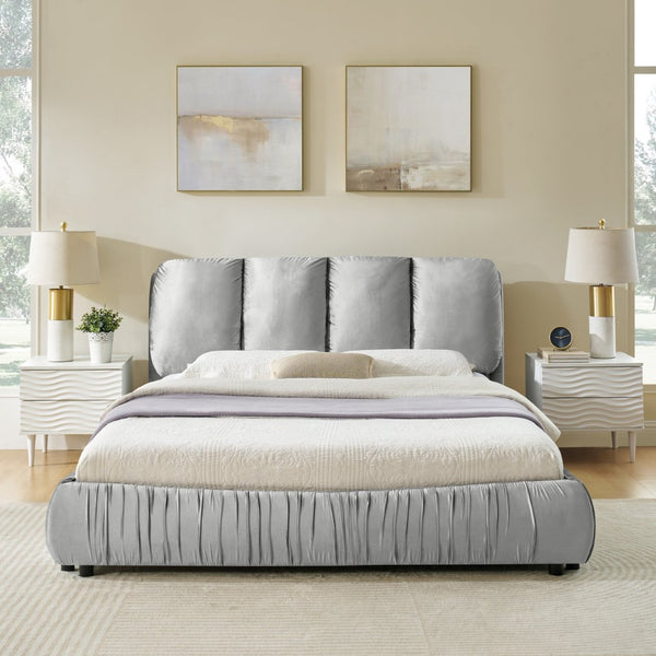 English Elm Queen Upholstered Platform Bed Segmented Velvet Headboard Modern Minimalist Bedroom Frame Gray W487S00570