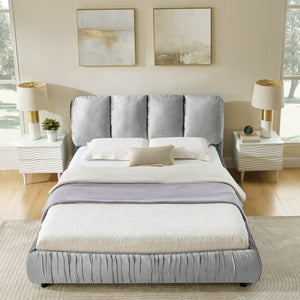 English Elm Queen Upholstered Platform Bed Segmented Velvet Headboard Modern Minimalist Bedroom Frame Gray W487S00570