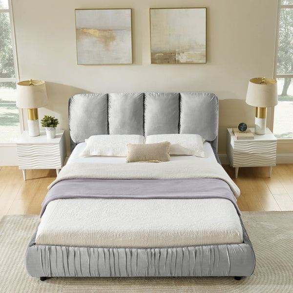 English Elm Queen Upholstered Platform Bed Segmented Velvet Headboard Modern Minimalist Bedroom Frame Gray W487S00570