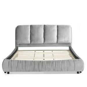 English Elm Queen Upholstered Platform Bed Segmented Velvet Headboard Modern Minimalist Bedroom Frame Gray W487S00570