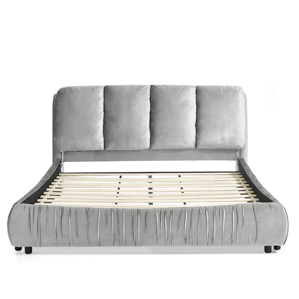 English Elm Queen Upholstered Platform Bed Segmented Velvet Headboard Modern Minimalist Bedroom Frame Gray W487S00570