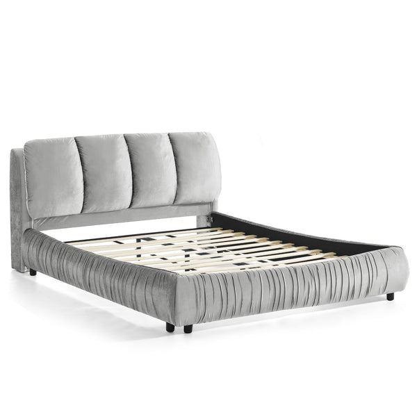 English Elm Queen Upholstered Platform Bed Segmented Velvet Headboard Modern Minimalist Bedroom Frame Gray W487S00570
