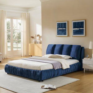 English Elm Queen Upholstered Platform Bed Segmented Velvet Headboard Modern Minimalist Bedroom Frame Dark Blue W487S00571