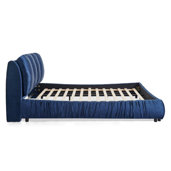 English Elm Queen Upholstered Platform Bed Segmented Velvet Headboard Modern Minimalist Bedroom Frame Dark Blue W487S00571