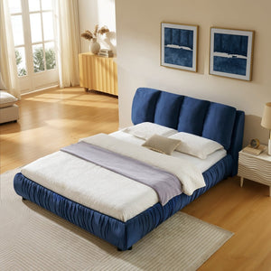 English Elm Queen Upholstered Platform Bed Segmented Velvet Headboard Modern Minimalist Bedroom Frame Dark Blue W487S00571