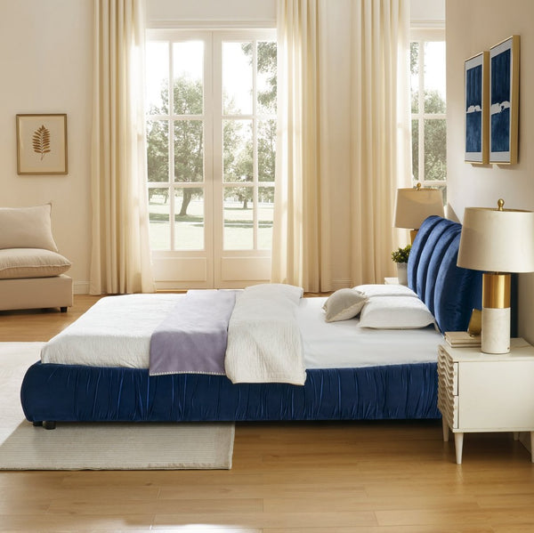 English Elm Queen Upholstered Platform Bed Segmented Velvet Headboard Modern Minimalist Bedroom Frame Dark Blue W487S00571