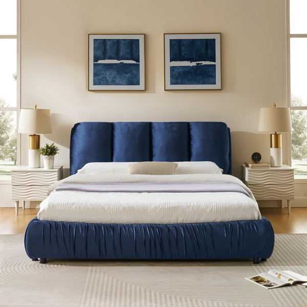 English Elm Queen Upholstered Platform Bed Segmented Velvet Headboard Modern Minimalist Bedroom Frame Dark Blue W487S00571