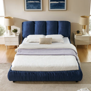 English Elm Queen Upholstered Platform Bed Segmented Velvet Headboard Modern Minimalist Bedroom Frame Dark Blue W487S00571
