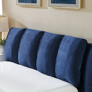 English Elm Queen Upholstered Platform Bed Segmented Velvet Headboard Modern Minimalist Bedroom Frame Dark Blue W487S00571