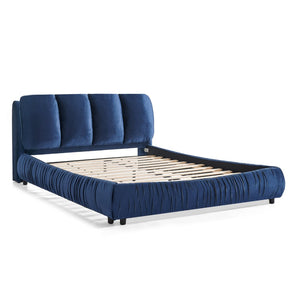 English Elm Queen Upholstered Platform Bed Segmented Velvet Headboard Modern Minimalist Bedroom Frame Dark Blue W487S00571