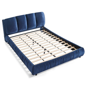 English Elm Queen Upholstered Platform Bed Segmented Velvet Headboard Modern Minimalist Bedroom Frame Dark Blue W487S00571