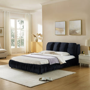 English Elm Queen Upholstered Platform Bed Segmented Velvet Headboard Modern Minimalist Bedroom Frame Black W487S00572