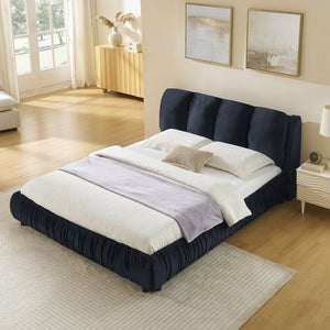 English Elm Queen Upholstered Platform Bed Segmented Velvet Headboard Modern Minimalist Bedroom Frame Black W487S00572