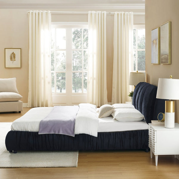 English Elm Queen Upholstered Platform Bed Segmented Velvet Headboard Modern Minimalist Bedroom Frame Black W487S00572