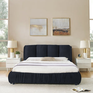English Elm Queen Upholstered Platform Bed Segmented Velvet Headboard Modern Minimalist Bedroom Frame Black W487S00572