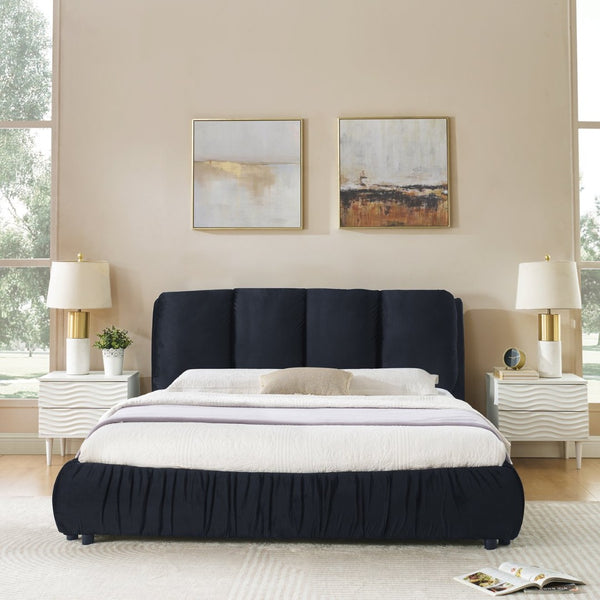 English Elm Queen Upholstered Platform Bed Segmented Velvet Headboard Modern Minimalist Bedroom Frame Black W487S00572